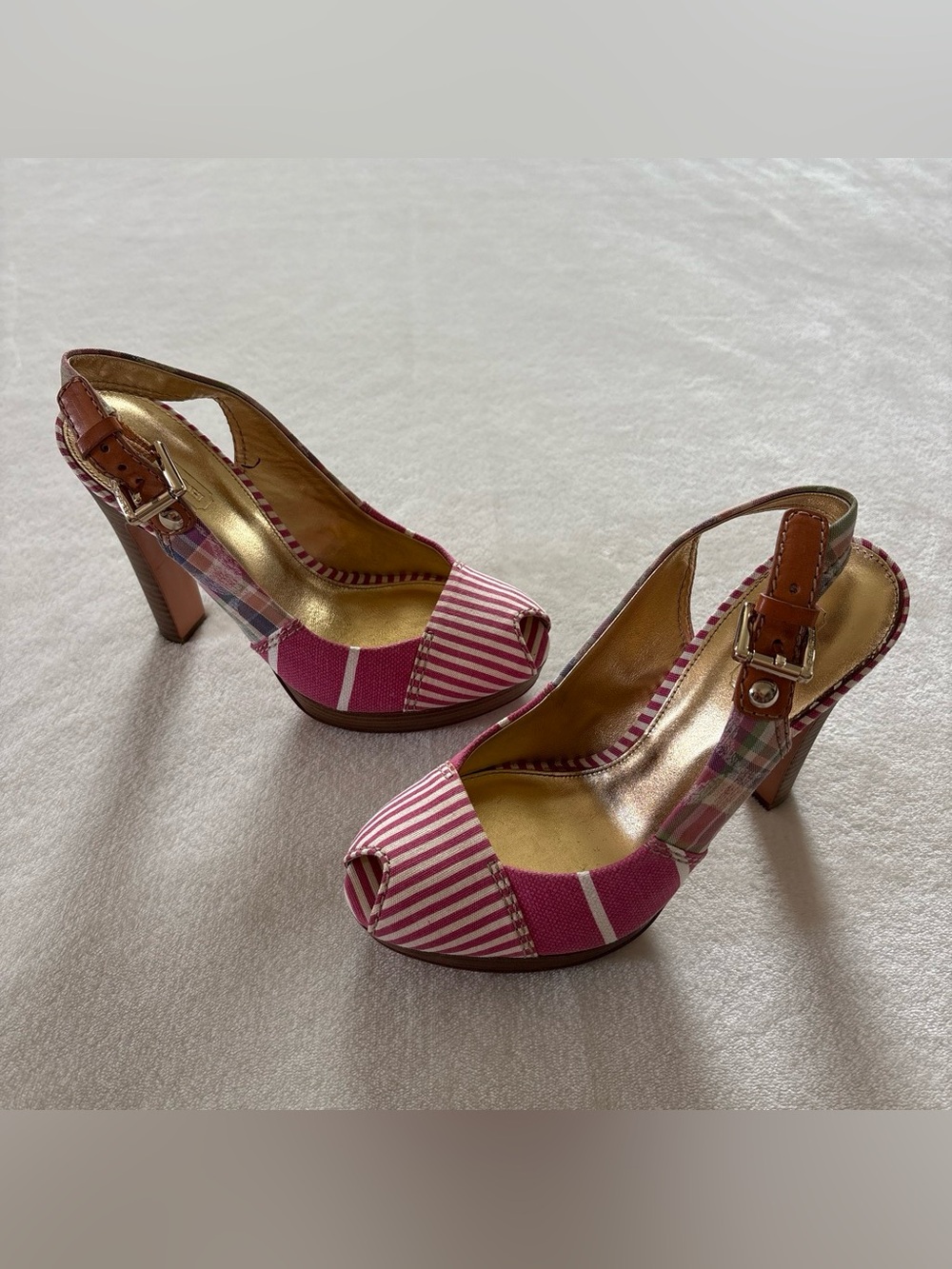 COACH Berli Poppy Pink Patchwork Monogram Peep Toe Slingback Platform Heels US 7